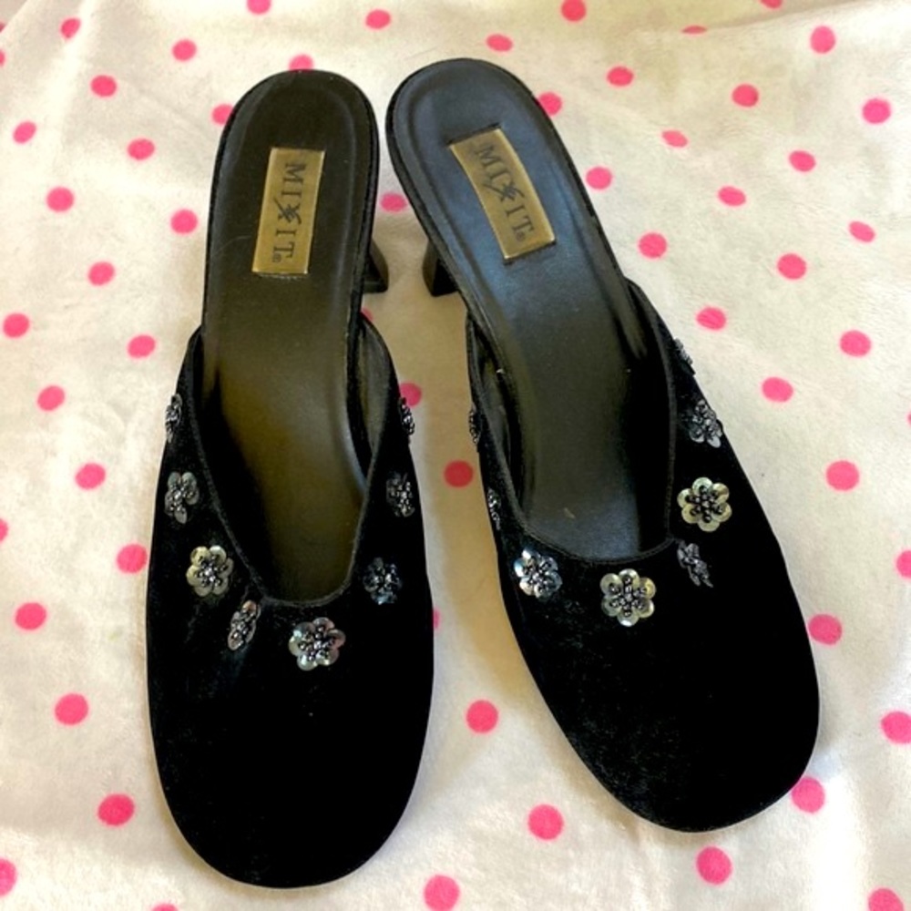Mix It black velvet slip on mules with sequin flowers
